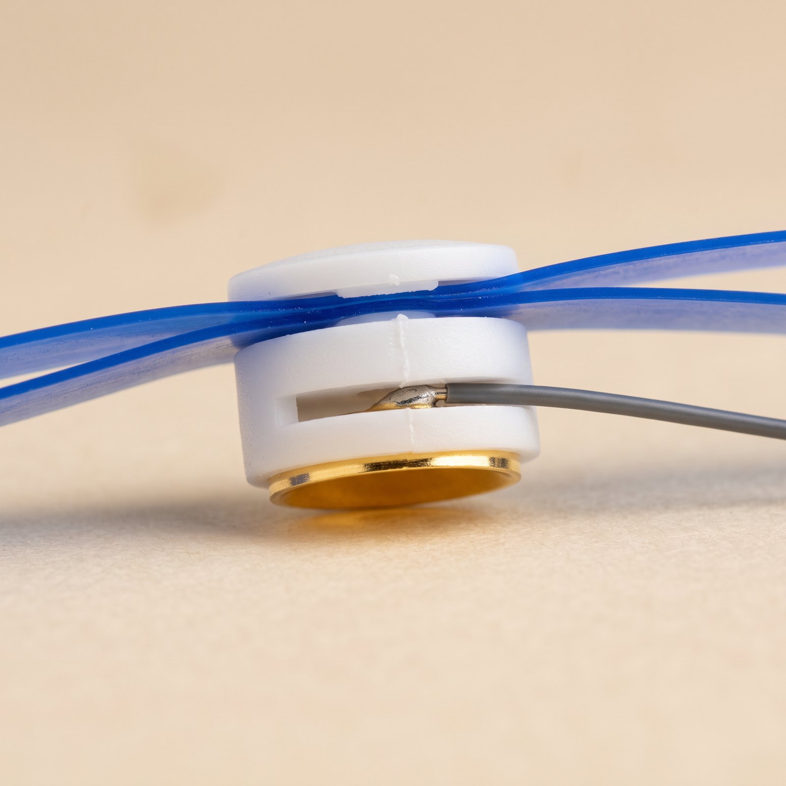 Side view of a joint: two thin blue silicone strips pinned by a white snap holder, a gold cup electrode slid into the slot in its base, lead exiting the slot, gold rim flush at the bottom