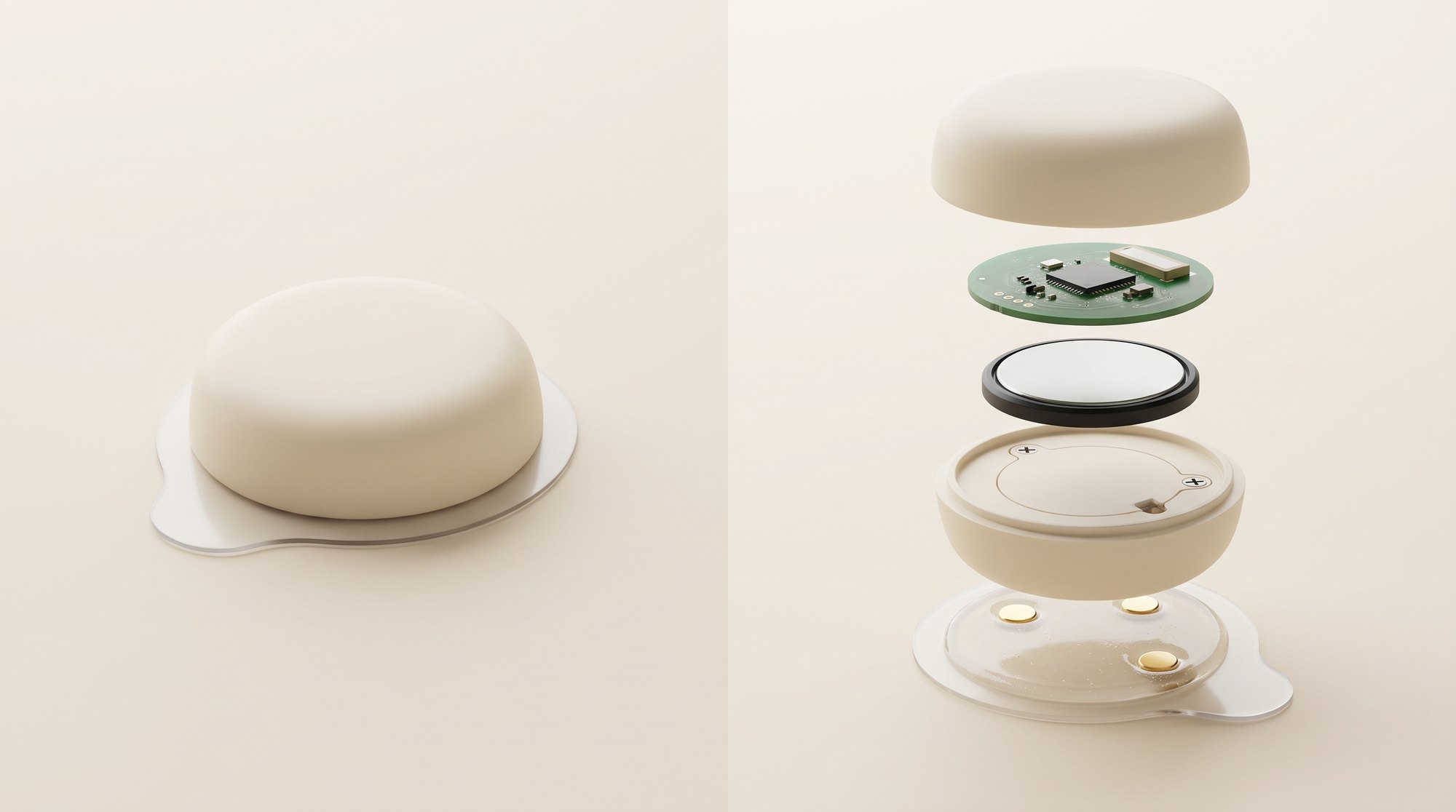 Exploded view of the Pawvbeat node: silicone shell, circuit board, coin cell, screw-secured battery door, and the hydrogel sticker with three gold contacts