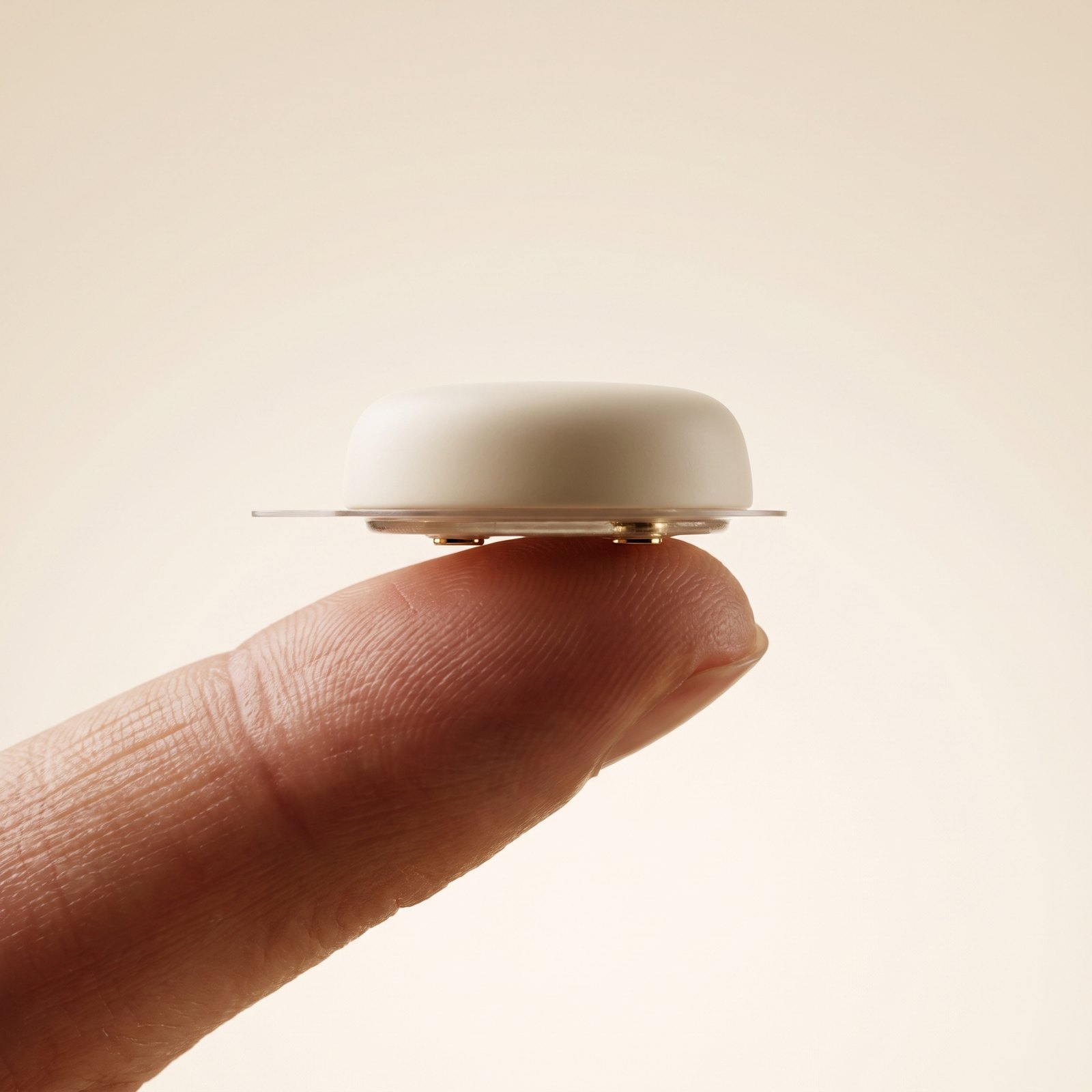 A Pawvbeat node balanced on a fingertip, showing the clear sticker skirt and three small gold contacts underneath